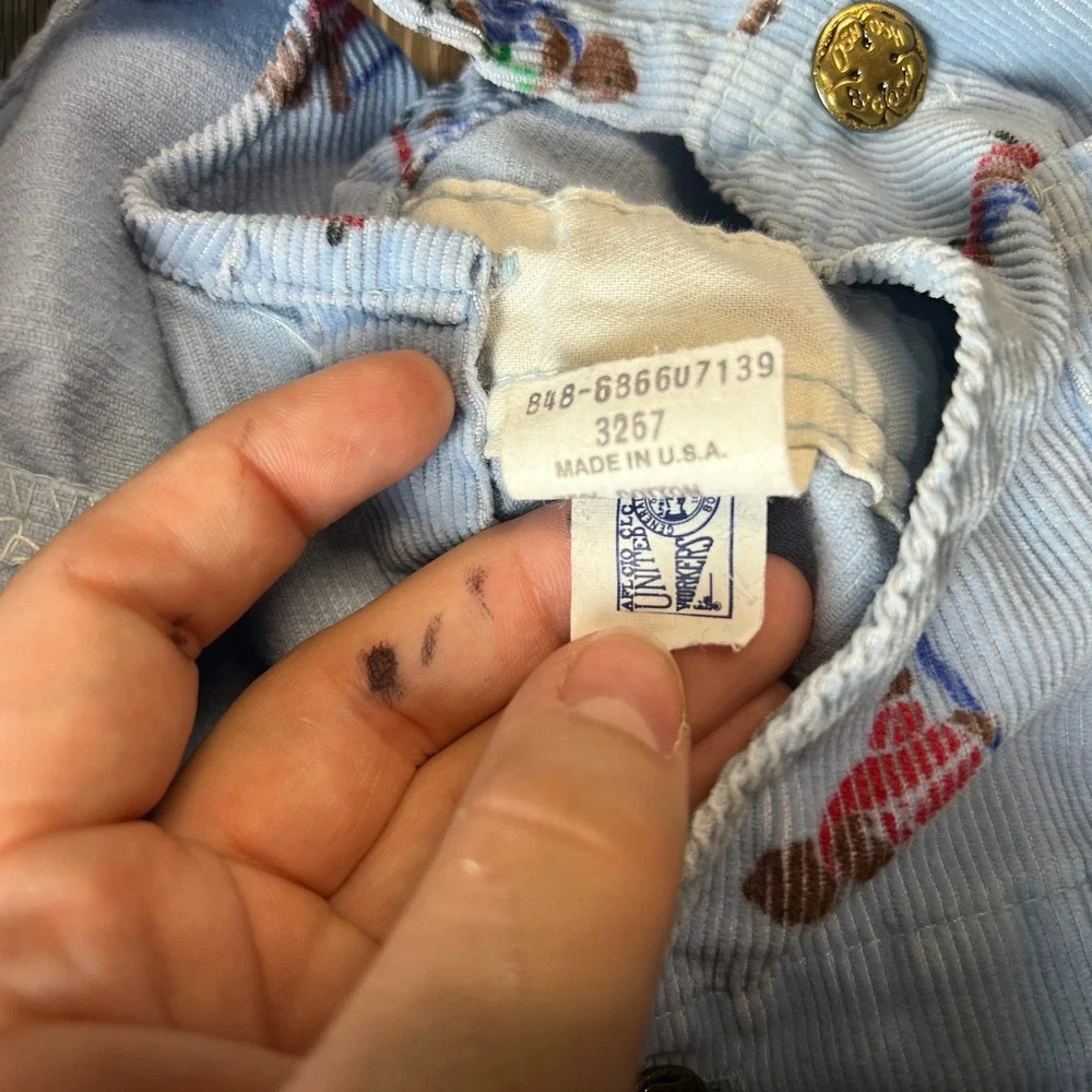 OshKosh B'gosh Overalls Baby 6/9M Blue Bear Print Corduroy Vintage USA Vestbak